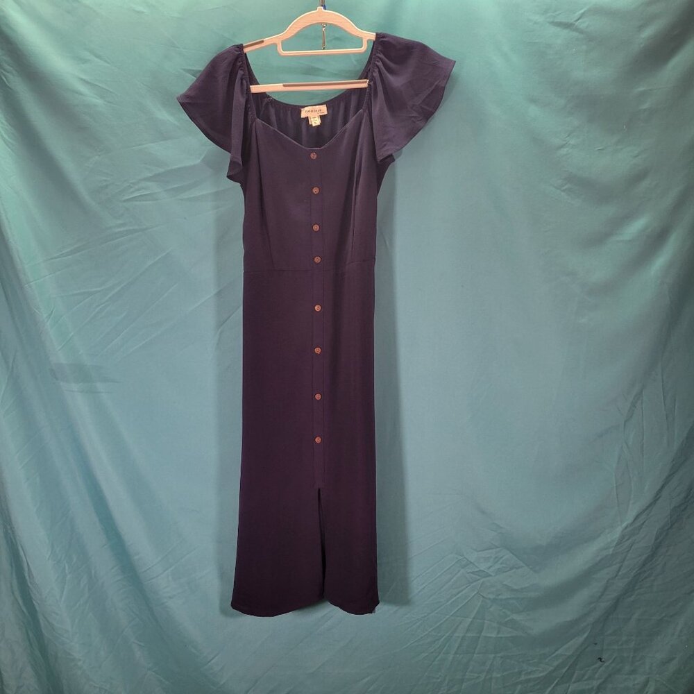Monteau Womens Navy Button-Down Maxi Dress With Flutter Sleeves Belt & Slit Size